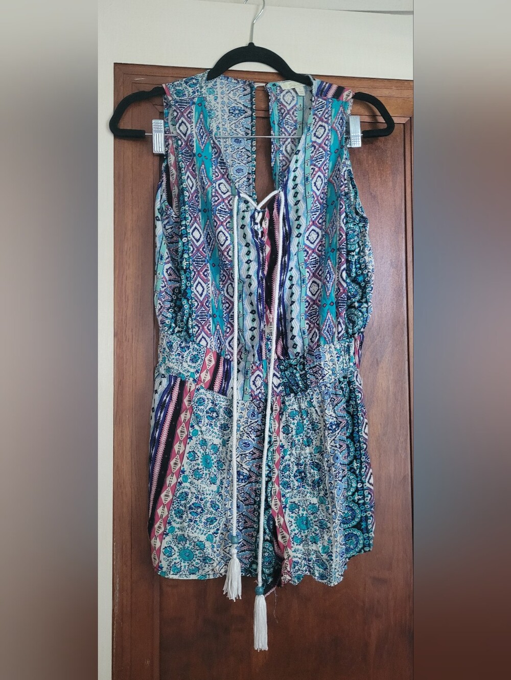 Sleeveless Teal Multi-Print Boho Romper #26